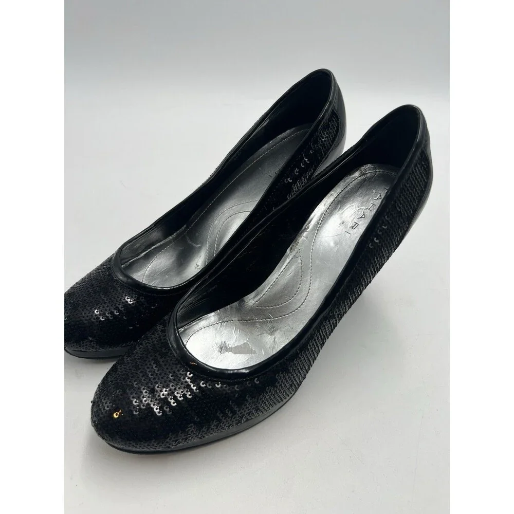 Tahari Black Sequin Round Toe Leather Pumps Heel Formal Black Tie Party Sz 8.5 M - Picture 6 of 11